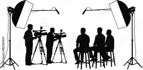 Television studio interview silhouette with cameramen filming three people, vector illustration scene with lights and equipment, isolated on white background for broadcasting.