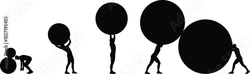 Strongman lifting heavy atlas stone silhouette vector illustration, set of man pushing and carrying big ball, isolated on white background for gym design.