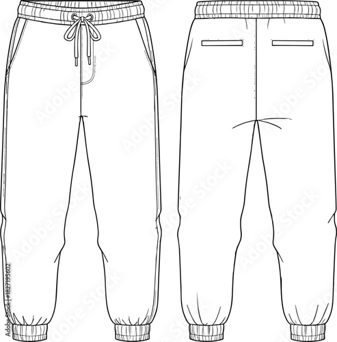Technical fashion flat sketch vector of unisex joggers, elasticated waist with drawstring and cuffed ankle design, cad drawing flat vector illustration.