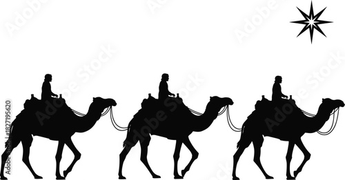 Three wise men riding camels silhouette vector illustration, biblical nativity scene with star of Bethlehem, isolated on white background for Christmas design.