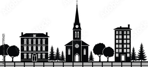 Town silhouette landscape, church building with steeple and trees, black vector illustration, isolated on white background, city skyline, residential neighborhood.