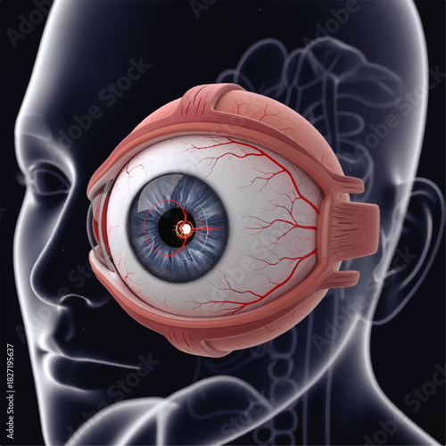 Human Eye Anatomy 3D Illustration Detailed Medical Diagram of Vision Organ with Transparent Head