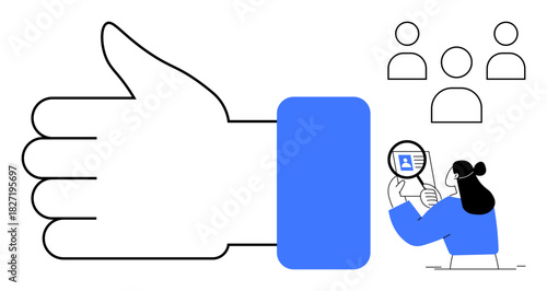Social media concept. Social approval with a thumbs up gesture and user icons. Includes a magnifying glass, highlighting online identity verification. For digital marketing, trust building