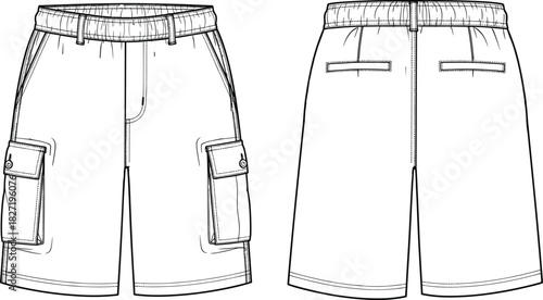 Technical flat drawing of men's or unisex knee-length cargo shorts with elastic waist and button flap pockets fashion CAD vector illustration