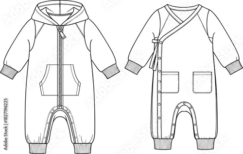 Technical flat drawing of two baby rompers: hooded full-zip onesie and snap-button wrap crossover jumpsuit apparel fashion CAD vector illustration