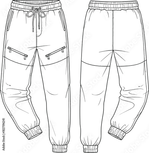 Technical flat drawing of men's or unisex sporty jogger pants with knee paneling, drawstring waist, and zippered pockets fashion CAD vector illustration