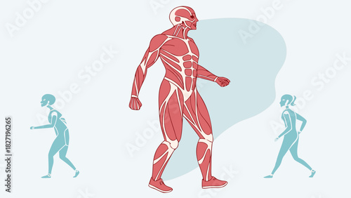 Illustration of human muscular system in frontal view walking