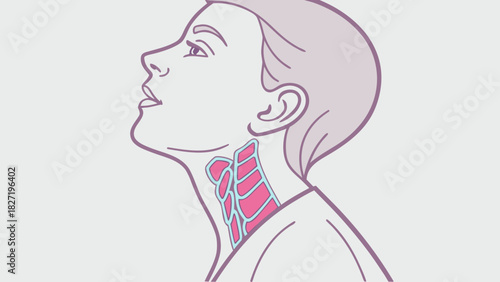Woman showing a diagram of her thyroid gland in profile