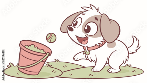 Cartoon Puppy Playing with a Ball and Bucket in a Yard