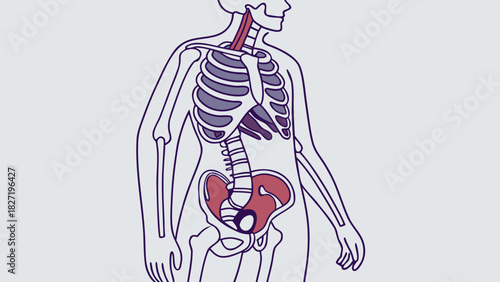 Diagram of male human body skeleton and internal organs in art style