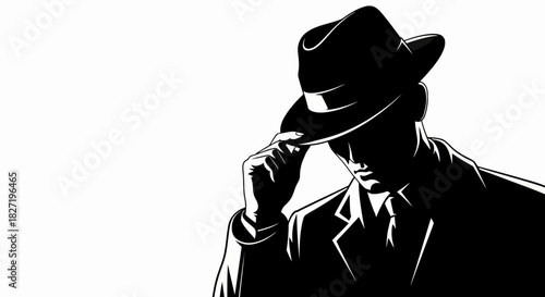 Noir Detective A Mysterious Figure in a Classic Hat with Shadowy Silhouette. Classic Detective