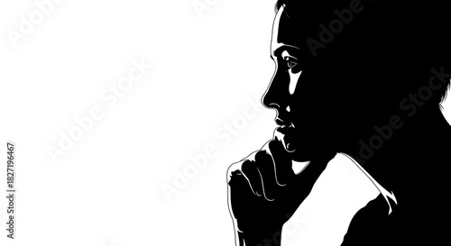 A contemplative silhouette of a woman deep in thought, her chin resting on her hand