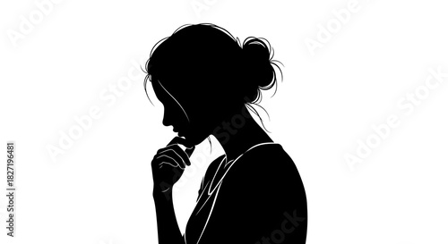 Silhouette of a woman in thought Contemplative pose, expressing introspection and reflection, isolated