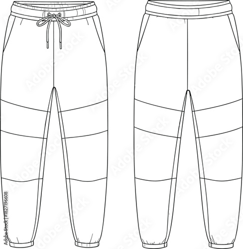 Technical flat drawing of unisex paneled athletic jogger pants with drawstring elastic waist and cuffed hem fashion CAD vector illustration, apparel template