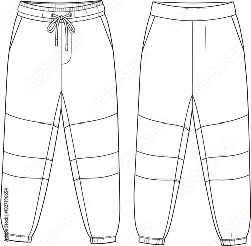 Technical flat drawing of unisex paneled jogger pants with drawstring elastic waist and cuffed hem fashion CAD vector illustration, apparel template design