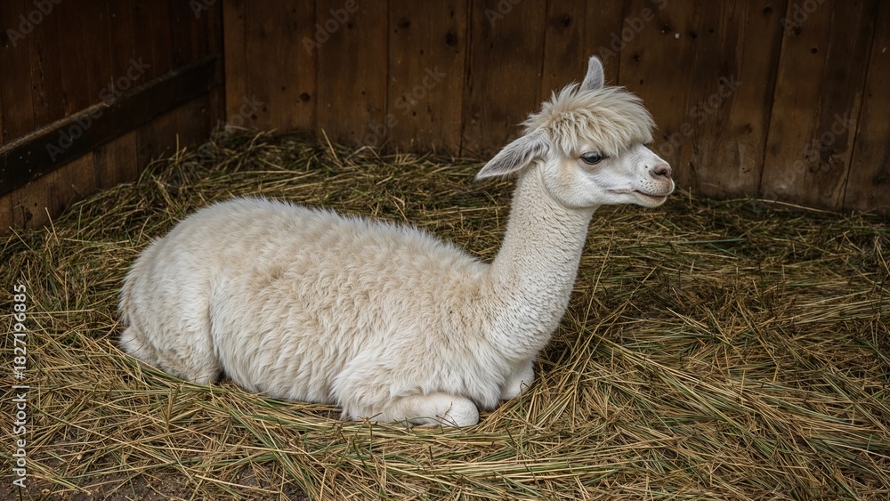 Obraz premium A llama resting on straw inside a wooden enclosure.