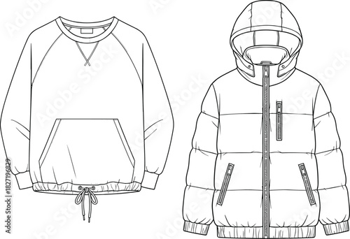 Technical flat fashion vector illustration of warm winter sweatshirt and hooded puffer jacket for apparel CAD drawing, design, and product development.