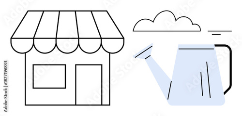 Small business concept. Small business ed by a shop and growth with a watering can and cloud. Small business, entrepreneurship, sustainability, eco-friendly focus. Perfect for startups, small