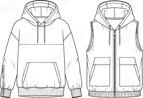 Technical Flat Sketch Vector Illustration of an Oversized Colorblock Pullover Hoodie and Zip-Up Utility Vest Set, Casual Apparel CAD Template, Front View
