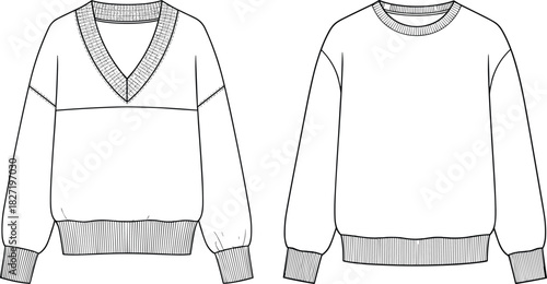 Technical flat sketch vector illustration of casual oversized drop shoulder V-neck and crewneck pullover sweater sweatshirt unisex apparel fashion template design cad drawing garment.