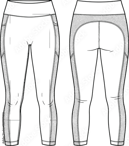 Technical Flat Sketch Vector Illustration of Cropped Leggings with Side Panel and Back Yoke Mesh Inserts, Activewear Sports Apparel Design and Fashion CAD Template, Front and Back View
