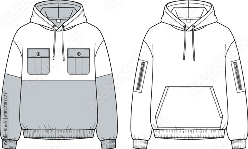 Technical Flat Sketch Vector Illustration of Oversized Pullover Hoodies with Colorblock Panel, Chest Flap Pockets, and Zippered Sleeve Pockets, Casual CAD Template, Front View