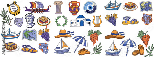 Hand drawn doodle style greek travel icons with olives grapes boats evil eye sandals laurel wreath blue white houses and sun hat scattered on white background