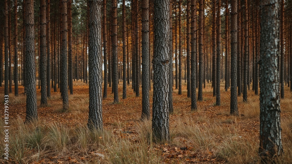Obraz premium A dense forest with tall trees and brown foliage, showing a peaceful woodland scene with traditional trees and ground cover.