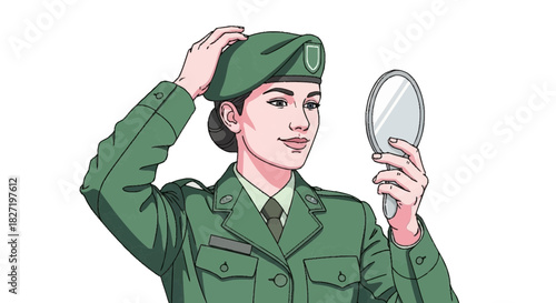 Woman soldier adjusting beret and looking in a handheld mirror