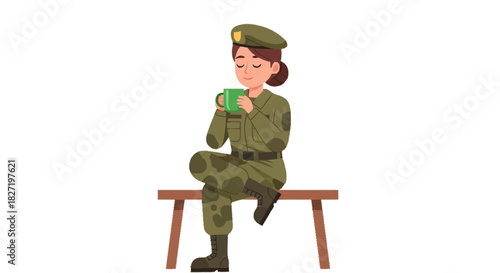 Soldier in uniform drinking coffee while resting on a bench
