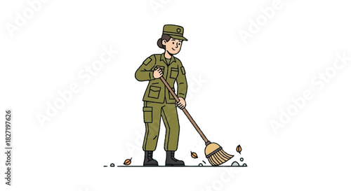 Soldier in uniform sweeping the ground with a broom outdoors