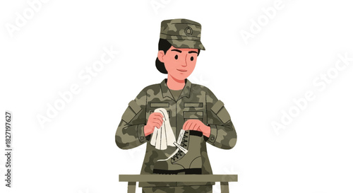 Soldier in uniform cleaning combat boot on table