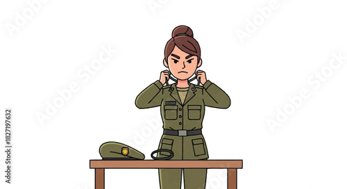 Woman soldier in uniform preparing her equipment
