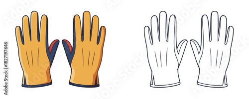 Colored and outline drawing of a pair of orange yellow work gloves illustration with  trim on a white background