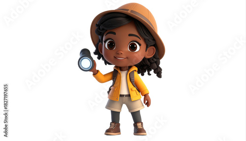 Cartoon Girl Explorer With Magnifying Glass And Hat.