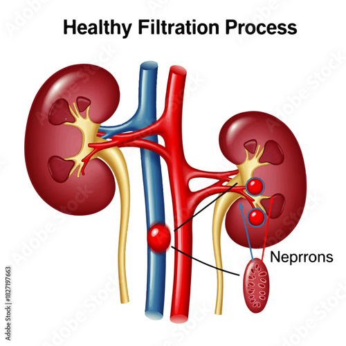 Healthy Kidney Filtration Process Diagram with Nephrons – Human Renal System Anatomy Illustration