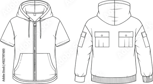 Technical Flat Sketch Vector Illustration of Short Sleeve Zip-Up Hoodie Jacket with Back Flap Pockets and Cargo Arm Patches, Streetwear CAD Template, Front and Back View