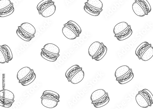 Seamless burger illustration pattern with white background, food packaging, menu illustration