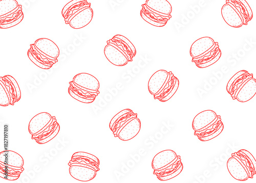 Seamless burger illustration pattern with red line and yellow background, food packaging, menu illustration
