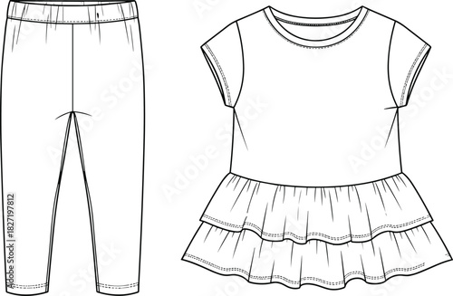 Technical flat vector illustration of toddler girls' elastic waist leggings and tiered ruffle hem t-shirt dress for apparel CAD drawing, fashion design, and product development.