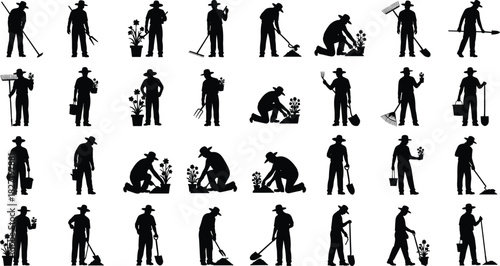 Thirty-two vector silhouettes of male agricultural workers, engaging in various gardening and landscaping activities like tilling, planting, and digging, representing farming, labor, 
