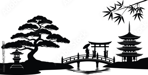 Traditional Japanese garden scene silhouette vector, featuring a pagoda, Torii gate, stone lantern, pine tree, and figure on a bridge, representing Asia, travel, culture, and zen landscape design.