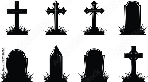 Tombstone Silhouette Set, Gravestone and Cross Icons, Cemetery Headstone Collection, Halloween Funeral Memorial, Black Vector Illustration, Isolated on White Background