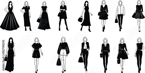 Collection of fashion women silhouettes, black and white vector models walking in stylish dresses and casual outfits, isolated illustration set for clothing design.