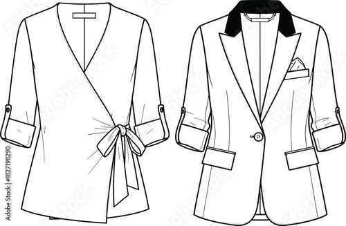 Wrap Top and Shawl Collar Blazer Technical Sketch CAD Drawing Flat Vector Illustration with Tie Waist Detail and Cuffed Sleeves for Women's Fashion Design,