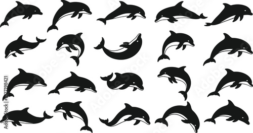 Dolphin silhouette vector collection, playful black marine mammal icons isolated on white background, jumping and swimming ocean animals for sea life design.