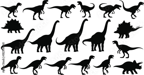 Dinosaur silhouette vector collection, black prehistoric animal icons including T-Rex and Brachiosaurus, isolated on white background for jurassic era logo design.