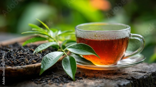 Freshly brewed black tea in a glass cup next to dried leaves and green plant under soft natural light
