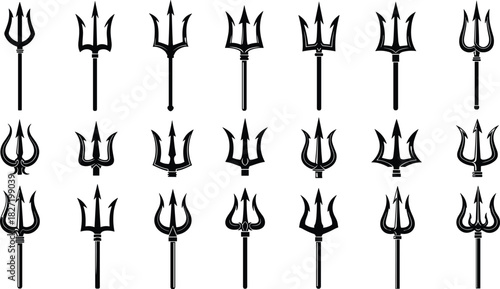 Large collection of trident silhouettes, black vector pitchfork icons for Poseidon or devil costumes, isolated illustration set for logo and tattoo design.