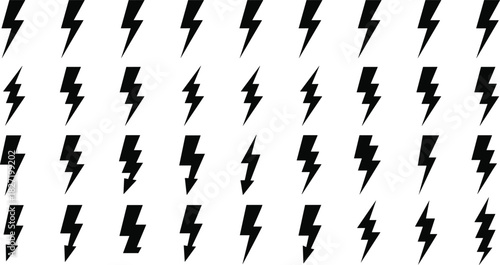 Lightning bolt vector set, black electric thunder icons, and flash storm symbols isolated on white background for energy power and high voltage design.
